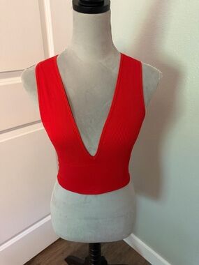 Urban Outfitters Red Ribbed Deep V Crop Tank